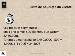 Copyright Fábrica de Startups 12
CLV todos os segmentos:
Em 1 ano temos 500 clientes, que gastem
2.450.000€
Teremos uma receita de 2.450.000€ : 500 =
4.900€ x (1 : 0,2) = 24.500€
Custo de Aquisição do Cliente
 