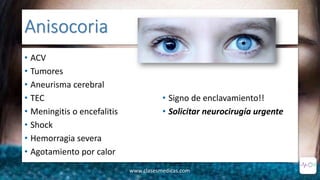 Anisocoria
• ACV
• Tumores
• Aneurisma cerebral
• TEC
• Meningitis o encefalitis
• Shock
• Hemorragia severa
• Agotamiento por calor
• Signo de enclavamiento!!
• Solicitar neurocirugía urgente
www.clasesmedicas.com
 