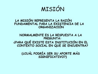 MISIÓN
LA MISIÓN REPRESENTA LA RAZÓN
FUNDAMENTAL PARA LA EXISTENCIA DE LA
            ORGANIZACIÓN

   NORMALMENTE ES LA RESPUESTA A LA
                PREGUNTA:
¿PARA QUÉ EXISTE ESTA INSTITUCIÓN EN EL
  CONTEXTO SOCIAL EN QUE SE ENCUENTRA?

    (¿CUÁL PODRÍA SER SU APORTE MÁS
             SIGNIFICATIVO?)
 