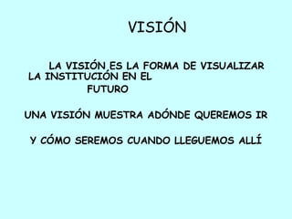 VISIÓN

    LA VISIÓN ES LA FORMA DE VISUALIZAR
LA INSTITUCIÓN EN EL
           FUTURO

UNA VISIÓN MUESTRA ADÓNDE QUEREMOS IR

Y CÓMO SEREMOS CUANDO LLEGUEMOS ALLÍ
 