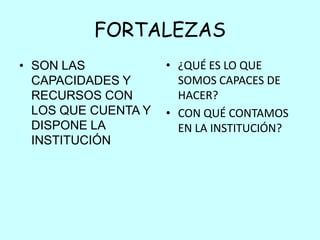 FORTALEZAS
• SON LAS            • ¿QUÉ ES LO QUE
  CAPACIDADES Y        SOMOS CAPACES DE
  RECURSOS CON         HACER?
  LOS QUE CUENTA Y   • CON QUÉ CONTAMOS
  DISPONE LA           EN LA INSTITUCIÓN?
  INSTITUCIÓN
 