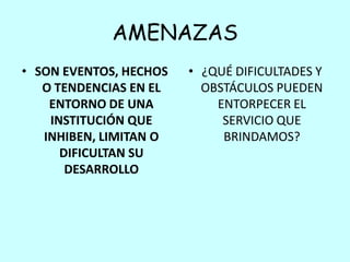 AMENAZAS
• SON EVENTOS, HECHOS   • ¿QUÉ DIFICULTADES Y
   O TENDENCIAS EN EL     OBSTÁCULOS PUEDEN
    ENTORNO DE UNA          ENTORPECER EL
    INSTITUCIÓN QUE          SERVICIO QUE
   INHIBEN, LIMITAN O        BRINDAMOS?
      DIFICULTAN SU
       DESARROLLO
 
