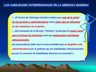 LAS HABILIDADES INTERPERSONALES EN LA GERENCIA MODERNA



    “... El Centro de Liderazgo Creativo estima que más de la mitad
     de los gerentes y administradores tiene algún tipo de dificultad
     en las relaciones con la gente...
     ... Una encuesta de la Revista “Fortune” reveló que la mayor razón
     para el fracaso de directivos eran sus inadecuadas habilidades
     interpersonales..
    ¿Le sorprendería saber que es muy probable que se despidan más
     administradores por la pobreza de sus habilidades interpersonales
    que por la carencia de habilidades técnicas en el puesto?...
                    S. Robbins- Comportamiento Organizacional- 1999.
 