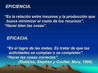 EFICIENCIA.

“Es la relación entre insumos y la producción que
 busca minimizar el costo de los recursos”.
“Hacer bien las cosas”.


 EFICACIA.

 “Es el logro de las metas. Es tratar de que las
  actividades se cumplan o se completen”.
 “Hacer las cosas correctas”.
        (Robbins, Stephen y Coulter, Mary, 1996).
 