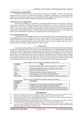Techniques used in spoken-word Recognition System: A Review
| IJMER | ISSN: 2249–6645 | www.ijmer.com | Vol. 5 | Iss.2| Feb. 2015 | 26|
4.2 Hidden Markov Model (HMM)
HMMs statistically model the words. During training of the HMM, it encodes the observation
sequence in such a way that if a observation sequence (e.g. Sequence of phonemes in a word) having many
characteristics similar to the given one be encountered later (during testing), it should be able to identify it. K-
Means Algorithm and Baum-Welch algorithm are popularly used for HMMs [21].
4.3 Dynamic Time Warping (DTW)
Dynamic time warping is an algorithm for measuring similarity between two sequences which may
vary in time or speed [4]. In isolated word recognition, the template for a word is a set of features derived for
single utterance of that word. Template matching is achieved by pair-wise comparison of feature vectors. But,
within a word, there could be a variation in the length of individual phonemes. The DTW matching process
compensates for such length differences .The DTW algorithm finds an optimal match between two sequences of
feature vectors which allows for stretched and compressed sections of the sequence [22].
4.4 Vector Quantization (VQ)
Feature Vectors can be mapped to discrete vectors by quantizing them. Vector quantization is a process
of mapping feature vectors from a large vector space to a finite number of regions in that space. Each region is
called a cluster and can be represented by its center called a code word. The collection of all code words is
called a code book. During Testing, the features derived from spoken words are used to assign the word to a
particular cluster by finding minimum distance from each centroid.
V. CONCLUSION
In speech recognition domain new feature extraction methods are being developed using combination
of traditional techniques (MFCC, PCA, PLP, Wavelet Decomposition etc.) in Speech Recognition Systems.
Authors have claimed improvement in performance by using these hybrid techniques. Need is to optimize the
combination of these existing feature extraction techniques to maximize the Recognition Accuracy, minimize
the Training Time and Recognition Time and to increase the Noise Robustness of the features derived. Though
MFCC technique is used in most of the works, but still more research is needed in reducing its dimensionality
by exploring its combination with other techniques. To be able to use these systems in real world, more noise
robust features need to be worked upon. Below is the utility/advantages of all the discussed techniques.
Table1: Popular Feature Extraction Techniques and their Utility
Technique Utility
PCA Good for Gaussian Data, used for dimensionality reduction[17]
LPC Can better distinguish words having distinct vowel sounds
RASTA Optimal for Noisy Speech [17]
PLP Takes into account the effect of additive noise
MFCC Good technique to be used for clean speech[5][18]
WPD, DWT Wavelet Denoising, Can model the details of unvoiced sounds well
Table 2: Feature Classification Techniques and their advantages
Classification
Technique
Advantages
ANN Adaptable to new environments and self organizing ability
HMM Length of input can be variable and simple to design
DTW Compensates for length differences of phonemes within the words.
VQ Very simple, easily modified and effective classification technique
REFERENCES
[1]. Hazrat Ali, Xianwei Zhou, Sun Tie, Comparison of MFCC and DWT Features for Speech recognition of Urdu,
International Conference on Cyberspace Technology, Beijing, China, 23-23 Nov. 2013, pp 154-158
[2]. Nitin Trivedi, Dr. Vikesh Kumar , Saurabh Singh, Speech Recognition by Wavelet Analysis, International Journal of
Advanced Computing, Vol. 15, Issue 8, February 2011, pp 27-32
[3]. Chaitanya Joshi, Kedar Kulkarni, Sushant Gosavi, Prof. S.B. Dhonde, Feature Extraction Using MFCC Algorithm,
International Journal of Engineering and Technical Research, Vol. 2 Issue 4 , April 2014, pp 74-77
[4]. Y. X. Zou, W. Q. Zheng and Wei Shi, Hong Liu ,Improved Voice Activity Detection based on support vector
machine with high separable speech feature vectors , 19th International Conference on Digital Signal Processing
(DSP), Hong Kong, 20-23 August 2014, pp 763-767
 