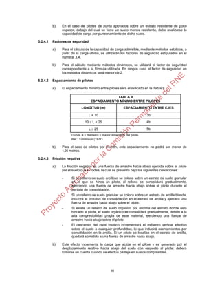 b)   En el caso de pilotes de punta apoyados sobre un estrato resistente de poco
               espesor, debajo del cual se tiene un suelo menos resistente, debe analizarse la
               capacidad de carga por punzonamiento de dicho suelo.

5.2.4.1   Factores de seguridad

          a)   Para el cálculo de la capacidad de carga admisible, mediante métodos estáticos, a
               partir de la carga última, se utilizarán los factores de seguridad estipulados en el
               numeral 3.4.

          b)   Para el cálculo mediante métodos dinámicos, se utilizará el factor de seguridad
               correspondiente a la fórmula utilizada. En ningún caso el factor de seguridad en
               los métodos dinámicos será menor de 2.

5.2.4.2   Espaciamiento de pilotes

          a)   El espaciamiento mínimo entre pilotes será el indicado en la Tabla 9.

                                                TABLA 9
                                   ESPACIAMIENTO MÍNIMO ENTRE PILOTES

                              LONGITUD (m)               ESPACIAMIENTO ENTRE EJES

                                  L < 10                                3b

                               10  L < 25                              4b

                                  L  25                                5b
                     Donde b = diámetro o mayor dimensión del pilote.
                     Ref.: Tomlinson (1977)

          b)   Para el caso de pilotes por fricción, este espaciamiento no podrá ser menor de
               1,20 metros.

5.2.4.3   Fricción negativa

          a)   La fricción negativa es una fuerza de arrastre hacia abajo ejercida sobre el pilote
               por el suelo que lo rodea, la cual se presenta bajo las siguientes condiciones:

               -     Si un relleno de suelo arcilloso se coloca sobre un estrato de suelo granular
                     en el que se hinca un pilote, el relleno se consolidará gradualmente,
                     ejerciendo una fuerza de arrastre hacia abajo sobre el pilote durante el
                     período de consolidación.
               -     Si un relleno de suelo granular se coloca sobre un estrato de arcilla blanda,
                     inducirá el proceso de consolidación en el estrato de arcilla y ejercerá una
                     fuerza de arrastre hacia abajo sobre el pilote.
               -     Si existe un relleno de suelo orgánico por encima del estrato donde está
                     hincado el pilote, el suelo orgánico se consolidará gradualmente, debido a la
                     alta compresibilidad propia de este material, ejerciendo una fuerza de
                     arrastre hacia abajo sobre el pilote.
               -     El descenso del nivel freático incrementará el esfuerzo vertical efectivo
                     sobre el suelo a cualquier profundidad, lo que inducirá asentamientos por
                     consolidación en la arcilla. Si un pilote se localiza en el estrato de arcilla,
                     quedará sometido a una fuerza de arrastre hacia abajo.

          b)   Este efecto incrementa la carga que actúa en el pilote y es generado por el
               desplazamiento relativo hacia abajo del suelo con respecto al pilote; deberá
               tomarse en cuenta cuando se efectúa pilotaje en suelos compresibles.




                                                30
 