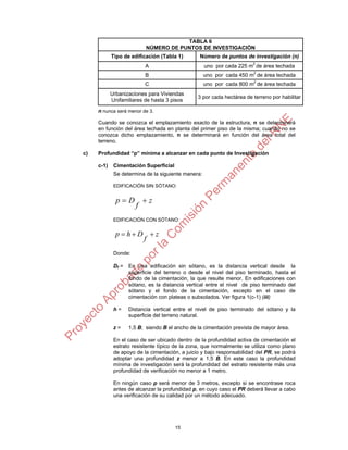 15
TABLA 6
NÚMERO DE PUNTOS DE INVESTIGACIÓN
Tipo de edificación (Tabla 1) Número de puntos de investigación (n)
A uno por cada 225 m2
de área techada
B uno por cada 450 m2
de área techada
C uno por cada 800 m2
de área techada
Urbanizaciones para Viviendas
Unifamiliares de hasta 3 pisos
3 por cada hectárea de terreno por habilitar
n nunca será menor de 3.
Cuando se conozca el emplazamiento exacto de la estructura, n se determinará
en función del área techada en planta del primer piso de la misma; cuando no se
conozca dicho emplazamiento, n se determinará en función del área total del
terreno.
c) Profundidad “p” mínima a alcanzar en cada punto de Investigación
c-1) Cimentación Superficial
Se determina de la siguiente manera:
EDIFICACIÓN SIN SÓTANO:
z
f
Dp 
EDIFICACIÓN CON SÓTANO:
z
f
Dhp 
Donde:
Df = En una edificación sin sótano, es la distancia vertical desde la
superficie del terreno o desde el nivel del piso terminado, hasta el
fondo de la cimentación, la que resulte menor. En edificaciones con
sótano, es la distancia vertical entre el nivel de piso terminado del
sótano y el fondo de la cimentación, excepto en el caso de
cimentación con plateas o subsolados. Ver figura 1(c-1) (iii)
h = Distancia vertical entre el nivel de piso terminado del sótano y la
superficie del terreno natural.
z = 1,5 B; siendo B el ancho de la cimentación prevista de mayor área.
En el caso de ser ubicado dentro de la profundidad activa de cimentación el
estrato resistente típico de la zona, que normalmente se utiliza como plano
de apoyo de la cimentación, a juicio y bajo responsabilidad del PR, se podrá
adoptar una profundidad z menor a 1,5 B. En este caso la profundidad
mínima de investigación será la profundidad del estrato resistente más una
profundidad de verificación no menor a 1 metro.
En ningún caso p será menor de 3 metros, excepto si se encontrase roca
antes de alcanzar la profundidad p, en cuyo caso el PR deberá llevar a cabo
una verificación de su calidad por un método adecuado.
 