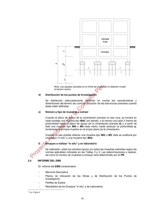 18
Nota: Las zapatas ubicadas en el límite de propiedad no deberán invadir
el terreno vecino.
d) Distribución de los puntos de Investigación
Se distribuirán adecuadamente, teniendo en cuenta las características y
dimensiones del terreno así como la ubicación de las estructuras previstas cuando
éstas estén definidas.
e) Número y tipo de muestras a extraer
Cuando el plano de apoyo de la cimentación prevista no sea roca, se tomará en
cada sondaje una muestra tipo Mab
por estrato, o al menos una cada 2 metros de
profundidad hasta el plano de apoyo de la cimentación prevista Df y a partir de
éste una muestra tipo Mib o Mit cada metro, hasta alcanzar la profundidad p,
tomándose la primera muestra en el propio plano de la cimentación.
Cuando no sea posible obtener una muestra tipo Mib o Mit, ésta se sustituirá por
un ensayo “in situ” y una muestra tipo Mab.
f) Ensayos a realizar “in situ” y en laboratorio
Se realizarán, sobre los estratos típicos y/o sobre las muestras extraídas según las
normas aplicables indicadas en las Tablas 3 y 5. Las determinaciones a realizar,
así como el número de muestras a ensayar será determinado por el PR.
2.4 INFORME DEL EMS
El informe del EMS comprenderá:
- Memoria Descriptiva
- Planos de Ubicación de las Obras y de Distribución de los Puntos de
Investigación.
- Perfiles de Suelos
- Resultados de los Ensayos “in situ” y de Laboratorio.

Ver Tabla 4
 