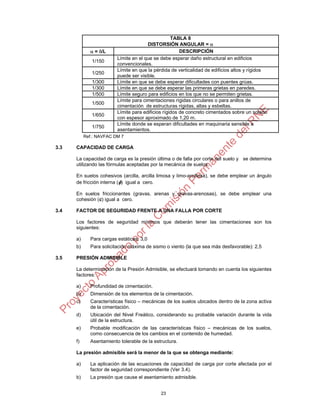23
TABLA 8
DISTORSIÓN ANGULAR = 
 = /L DESCRIPCIÓN
1/150
Límite en el que se debe esperar daño estructural en edificios
convencionales.
1/250
Límite en que la pérdida de verticalidad de edificios altos y rígidos
puede ser visible.
1/300 Límite en que se debe esperar dificultades con puentes grúas.
1/300 Límite en que se debe esperar las primeras grietas en paredes.
1/500 Límite seguro para edificios en los que no se permiten grietas.
1/500
Límite para cimentaciones rígidas circulares o para anillos de
cimentación de estructuras rígidas, altas y esbeltas.
1/650
Límite para edificios rígidos de concreto cimentados sobre un solado
con espesor aproximado de 1,20 m.
1/750
Límite donde se esperan dificultades en maquinaria sensible a
asentamientos.
Ref.: NAVFAC DM 7
3.3 CAPACIDAD DE CARGA
La capacidad de carga es la presión última o de falla por corte del suelo y se determina
utilizando las fórmulas aceptadas por la mecánica de suelos.
En suelos cohesivos (arcilla, arcilla limosa y limo-arcillosa), se debe emplear un ángulo
de fricción interna () igual a cero.
En suelos friccionantes (gravas, arenas y gravas-arenosas), se debe emplear una
cohesión (c) igual a cero.
3.4 FACTOR DE SEGURIDAD FRENTE A UNA FALLA POR CORTE
Los factores de seguridad mínimos que deberán tener las cimentaciones son los
siguientes:
a) Para cargas estáticas: 3,0
b) Para solicitación máxima de sismo o viento (la que sea más desfavorable): 2,5
3.5 PRESIÓN ADMISIBLE
La determinación de la Presión Admisible, se efectuará tomando en cuenta los siguientes
factores:
a) Profundidad de cimentación.
b) Dimensión de los elementos de la cimentación.
c) Características físico – mecánicas de los suelos ubicados dentro de la zona activa
de la cimentación.
d) Ubicación del Nivel Freático, considerando su probable variación durante la vida
útil de la estructura.
e) Probable modificación de las características físico – mecánicas de los suelos,
como consecuencia de los cambios en el contenido de humedad.
f) Asentamiento tolerable de la estructura.
La presión admisible será la menor de la que se obtenga mediante:
a) La aplicación de las ecuaciones de capacidad de carga por corte afectada por el
factor de seguridad correspondiente (Ver 3.4).
b) La presión que cause el asentamiento admisible.
 