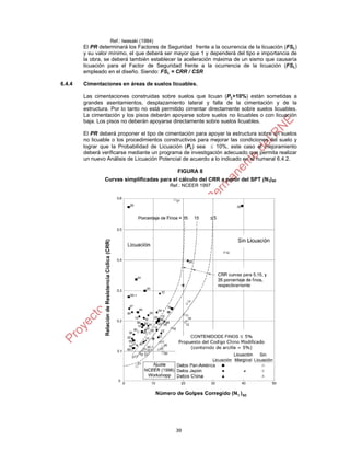 39
Ref.: Iwasaki (1984)
El PR determinará los Factores de Seguridad frente a la ocurrencia de la licuación (FSL)
y su valor mínimo, el que deberá ser mayor que 1 y dependerá del tipo e importancia de
la obra, se deberá también establecer la aceleración máxima de un sismo que causaría
licuación para el Factor de Seguridad frente a la ocurrencia de la licuación (FSL)
empleado en el diseño. Siendo: FSL = CRR / CSR
6.4.4 Cimentaciones en áreas de suelos licuables.
Las cimentaciones construidas sobre suelos que licuan (PL>10%) están sometidas a
grandes asentamientos, desplazamiento lateral y falla de la cimentación y de la
estructura. Por lo tanto no está permitido cimentar directamente sobre suelos licuables.
La cimentación y los pisos deberán apoyarse sobre suelos no licuables o con licuación
baja. Los pisos no deberán apoyarse directamente sobre suelos licuables.
El PR deberá proponer el tipo de cimentación para apoyar la estructura sobre un suelos
no licuable o los procedimientos constructivos para mejorar las condiciones del suelo y
lograr que la Probabilidad de Licuación (PL) sea  10%, este caso el mejoramiento
deberá verificarse mediante un programa de investigación adecuado que permita realizar
un nuevo Análisis de Licuación Potencial de acuerdo a lo indicado en el numeral 6.4.2.
FIGURA 8
Curvas simplificadas para el cálculo del CRR a partir del SPT (N1)60
Ref.: NCEER 1997
 