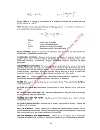 45
Donde: (N1)60 es la medida de la resistencia a la penetración estándar de un suelo bajo una
presión efectiva de 1 kg/cm2
.
CSR.- Se define como el esfuerzo cortante promedio avg actuante en un estrato, normalizado por
el esfuerzo efectivo de sobre tapada ´vo.
r
g
a
650CSR d
vo
vo
vo
gav max
''
,





Donde:
vo : presión total de tapada
'v0 : presión efectiva de tapada
amax/g : aceleración máxima normalizada
rd : factor de corrección rígido-deformable
ESTRATO TÍPICO.- Estrato de suelo con características tales que puede ser representativo de
otros iguales o similares en un terreno dado.
GEODINÁMICA EXTERNA.- Conjunto de fenómenos geológicos de carácter dinámico, que
pueden actuar sobre el terreno materia del Estudio de Mecánica de Suelos, tales como:
erupciones volcánicas, inundaciones, huaycos, avalanchas, tsunamis, activación de fallas
geológicas.
LICUEFACCIÓN Ó LICUACIÓN.- Fenómeno causado por la vibración de los sismos en los suelos
granulares saturados y que produce el incremento de la presión del agua dentro del suelo con la
consecuente reducción de la tensión efectiva. La licuación reduce la capacidad de carga y la
rigidez del suelo. Dependiendo del estado del suelo granular saturado al ocurrir la licuación se
produce el hundimiento y colapso de las estructuras cimentadas sobre dicho suelo.
NIVEL FREÁTICO.- Nivel superior del agua subterránea en el momento de la exploración. El nivel
se puede dar respecto a la superficie del terreno o a una cota de referencia.
PILOTE.- Elemento de cimentación profunda en el cual la relación Profundidad/Ancho (Df / B) es
mayor o igual a 10.
PILOTES DE CARGA MIXTA.- Aquellos que transmiten la carga, parte por punta y parte por
fricción.
PILOTES DE CARGA POR FRICCIÓN.- Aquellos que transmiten la carga a lo largo de su cuerpo
por fricción con el suelo que los circunda.
PILOTES DE CARGA POR PUNTA.- Aquellos que transmiten la carga a un estrato resistente
ubicado bajo la punta.
PILOTES DE DENSIFICACIÓN.- Aquellos que se instalan para densificar el suelo y mejorar las
condiciones de cimentación.
PRESIÓN ADMISIBLE.- Máxima presión que la cimentación puede transmitir al terreno sin que
ocurran asentamientos excesivos (mayores que el admisible) ni el factor de seguridad frente a una
falla por corte sea menor que el valor indicado en el numeral 3.5.
PRESIÓN ADMISIBLE POR ASENTAMIENTO.- Presión que al ser aplicada por la cimentación
adyacente a una estructura, ocasiona un asentamiento diferencial igual al asentamiento admisible.
5,0
vo
N
´
kPa100
C 







  NC=N 60N601
 