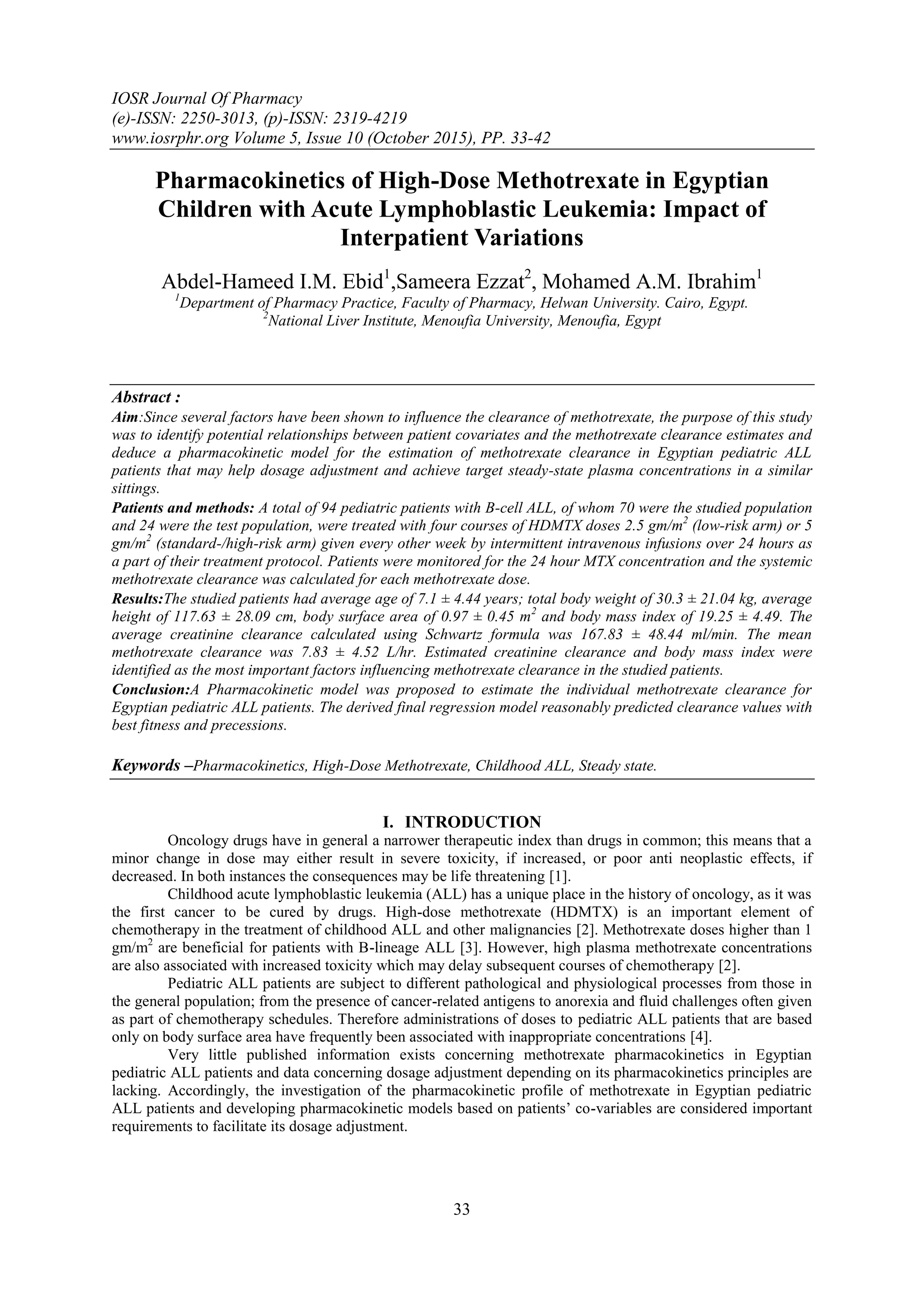 Pharmacokinetics of High-Dose Methotrexate in Egyptian Children with ...