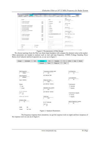 Chebyshev Filter at 197.12 MHz Frequency for Radar System




                                    Figure 2. The parameter of filter design
    We choose topology from the filter use shunt-input bandpass with compare the element value in the market.
Other parameters are needed to analysis such as start and stop frequency, VSWR (Voltage Standing Wave
Ratio), Q of inductor and Q of capasitor etc, as can see in figure 3.




                                        Figure 3. Analysis Parameters

              The frequency response from simulation, we get the response wich no ripple and have steepness of
the response curve as can see in figure 4.




                                          www.iosrjournals.org                                       30 | Page
 