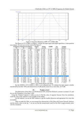 Chebyshev Filter at 197.12 MHz Frequency for Radar System




                           Figure 4. Frequency Response at BPF 197.12 MHz (dB)
        The Phase on 197.12 MHz is 0 degree , it means the input signal and output signal have a same position
wave degree. We also can see the result in the figure 5.




                                     Figure 5. The Tabulate Result of the design
         For the VSWR in 197.12 MHz is 1.0021, so no reflected wave. It’s indicate the input signal is wholly
transferred by the filter 100%, the transmission is 0 dB and the return loss is more than -59.74 dB.

                                        IV.           PABRICATION
          The Pabrication of this filter is use PCB duroid 5870, which has Dielectric constant is around 2.33, and
the cut off of frequency is less than 1 GHz.
   Using the Trimmer Capasitor is make us easy to find the value of capasitor because from the calculation
result the value of the capasitor is not available in the market.
          For the Inductor, we use the SMT Inductor to get the smalles dimention and appropriate the value that
we needed.
          After we made this filter, we can measure the characteristic of this filter with Vector Network Analyzer
and the result is show in the fig. 7. we can see that the measurement result for this filter is approximately same
with the simulation.


                                              www.iosrjournals.org                                      31 | Page
 