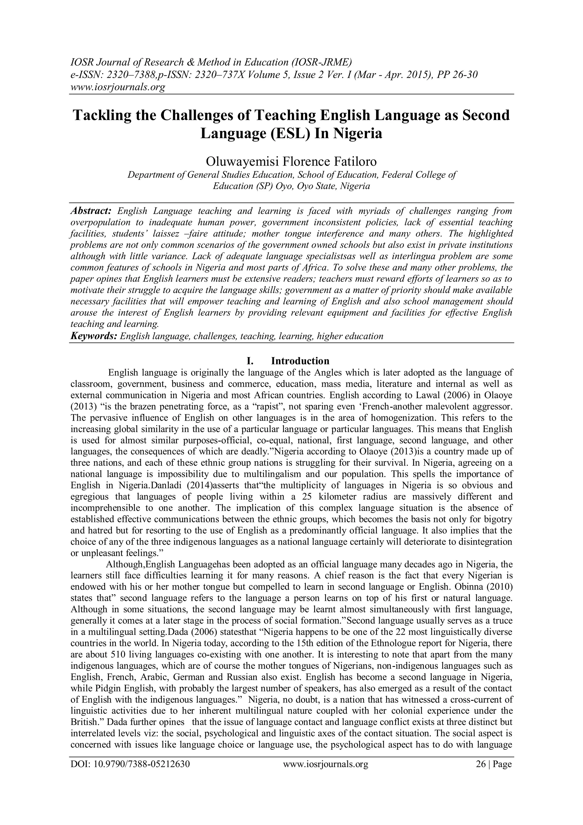 Tackling the Challenges of Teaching English Language as Second Language ...