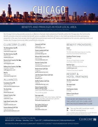 My Club. MY COMMUNITY. My World.
CLUBCORP CLUBS
The Metropolitan Club
Willis Tower
metclubchicago.com
The Mid-America Club
AON Center
midamclub.com
Ravinia Green Country Club1
Riverwoods
raviniagreen.com
Rolling Green Country Club1
Arlington Heights
rollinggreencc.com
Met Fit
Willis Tower
metclubchicago.com
ALLIANCES
Foundation Room
House of Blues
hob.com/foundationroom
The Anvil Club
Dundee
theanvilclub.net
Calumet Country Club
Homewood
calumetcc.com
Eagle Brook Country Club
Geneva
eaglebrookclub.com
Geneva National Golf Club
Lake Geneva, WI
genevanationalresort.com
Tamarack Golf Club
Naperville
tamarackgc.com
Prairie Landing Golf Club
West Chicago
prairielanding.com
Mission Hills Country Club
Northbrook
missionhillsclub.com
Ravisloe Country Club
Homewood
ravisloecountryclub.com
Broken Arrow Golf Club
Lockport
golfbrokenarrow.com
Lake Barrington Shores Golf Club
Barrington
lbsgolf.com
Ruffled Feathers Golf Club
Lemont
ruffledfeathersgc.com
Fitness Formula Clubs*
Fitness and Spa usage:
Gold Coast & Old Town locations
*Access fee may apply.
Spa usage only:
Halsted, Lincoln Park, Union Station, Oak Park,
South Loop, West Loop and East Lakeview
fitnessformulaclubs.com
The Carlton Club Spa at
The Ritz Carlton Hotel
Chicago
thecarltonclub.com
BENEFIT PROVIDERS
Grind
Chicago
*An Alternative Work Space day pass monthly,
must be announced by ClubLine prior.
GoodmanTheatre Lounge
Chicago
*Access to Private Patron Lounge,
must have a ticket to the show.
Red Door Spas
Chicago, Deerfield and Northbrook
reddoorspas.com
*Preferred Spa service upgrade.
RESORT &
HOTEL PARTNERS
The Ritz Carlton Hotel
Chicago
The Drake Hotel
Chicago
Club Quarters Hotels
Chicago
Belterra Casino Resort
Florence, IN
BENEFITS AND PRIVILEGES IN YOUR LOCAL AREA
Available to Members with My Community Benefits
My Chicago Community provides access to a collection of private clubs and premium benefits within the Chicago area. My Community
Benefits provide enhanced membership benefit options available to Members of clubs in the ClubCorp family and other participating
properties in the area. From private clubs for golf, dining and private events to VIP seating and experiences for concerts, sporting events and
theater, My Chicago Community offers something for everyone.
FOR RESERVATIONS, CONTACT CLUBLINE.
800.433.5079 | Monday – Saturday, 7 a.m. – 7 p.m. CST | clubline@clubcorp.com | clubcorpnetwork.com
INTERESTED IN MY CHICAGO COMMUNITY BENEFITS? CONTACT YOUR MEMBERSHIP OFFICE TODAY!
FOR MORE INFORMATION AND
THE LATEST LIST OF CLUBS, VISIT 	
MYCHICAGOCOMMUNITY.COM
1 Only accessible for select membership levels. For more information,
please contact the Membership Director at your Club.
Two cart fee-only*
rounds per month
	 50% off*
evening dining
 