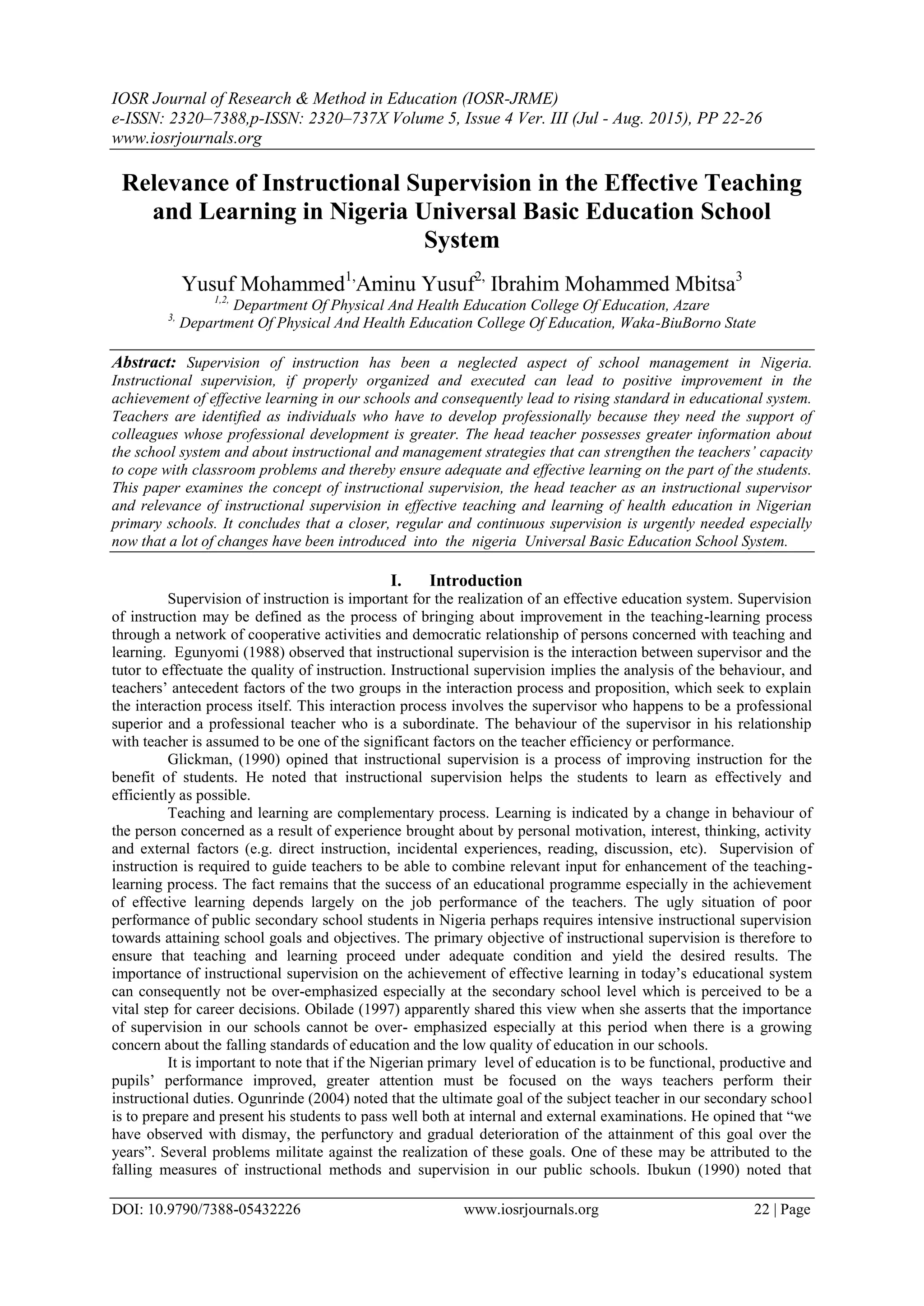 Relevance of Instructional Supervision in the Effective Teaching and ...