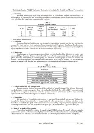 Stability Indicating HPTLC Method for Estimation of Modafinil in the Bulk and Tablet Formulation
www.iosrjournals.org 24 | Page
2.5.6 Accuracy
To check the recovery of the drug at different levels in formulations, samples were analysed at 3
different level 50, 100, and 150% of modafinil standard by proposed method and the recovered amount of drugs
were calculated. The experiment was conducted in triplicate.
Table 2
Result of recovery studies
Sr. no.
Level of
Recovery
Amount of
drug
taken(mg)
Amount of
drug found(mg)
%
Recoverya) % RSD
1 50 50 50.11 100.22 1.859
2 100 100 100.31 100.31 1.797
3 150 150 149.97 99.38 1.491
a)
Mean of three determinations
2.5.3 Precision
Precision of the developed method was measured by repeatability, intra-day and inter-day precision. In
repeatability study analyses of six replicates of same concentration (500 ng) were done by developed method.
For intra-day and inter-day precision, three sample sets of tablet sample and standard were analyzed in triplicate
by developed method on the same day and on three different days, respectively.
2.5.3 Robustness
Small changes in the chromatographic conditions were introduced and the effects on the results were
examined. Slight changes in the composition of mobile phase (±0.1ml) were made in the used optimized mobile
phase. The time from spotting to chromatography and time from chromatography to scan was varied at ±5
minutes. The chromatographic development distance was varied in the range of ±5 mm. The effects of these
changes on both RF value and peak area were assessed by calculating relative standard deviation (%RSD).
Table 3
Result of robustness studies
Condition
RSD
(%)
mobile phase composition 1.34
amount of mobile phase 0.95
chamber saturation time 1.21
time from application to chromatography 1.58
time from chromatography to scanning 0.66
Distance from application to solvent front 0.83
2.5.4 Limits of Detection and Quantification
To determine the limits of detection (LOD) and limit of quantification (LOQ), different dilution of
standard solution of drug were applied along with methanol as the blank. The LOD and LOQ were determined
on the basis of signal to noise ratio until the average responses of triplicate analysis were obtained
approximately 3 and10 times the responses of the blank respectively.
2.5.5 Specificity
The specificity of the method was determined by analysis of drug standards and samples. The band for
modafinil in the sample was identified by comparing the Rf value and spectrum of the band with those of the
band from a standard. The peak purity of modafinil was assessed by comparing spectra acquired at three
different positions on the peak, i.e. the peak start (S), peak apex (M), and peak end (E) positions of the peak.
2.6 Analysis of Marketed Formulation
Assay of marketed tablet was done through developed HPTLC method. The sample solution was made
as depicted in section 2.4. Same volume (5 µL) of Standard solution and sample solution were applied on TLC.
The experiment was carried out for six sample solutions. The chromatogram obtained is shown in Figure 2.
 