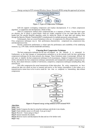 Energy saving in P2P oriented Wireless Sensor Network (WSN) using the approach of various
www.iosrjournals.org 30 | Page
Figure 3: Types of Compression Techniques
LZO [6] supports overlapping compression and in-place decompression. It is a block compression
algorithm—it compresses and decompresses a block of data.
Zlib's [7] compression method emits compressed data as a sequence of blocks. Various block types
are allowed, one of which is stored blocks—these are simply composed of the raw input data plus a few
header byte The parallel Bzip2[8] algorithm works by taking the blocks of input data and running them
through the Burrows-Wheeler Transform(BWT) simultaneously on multiple processors using p threads.
Unfortunately, there are several limitations in the use of compression for efficient data communication.
First, compression techniques vary in their performance characteristics: compressed size, compression time,
and decompression time.
Second, compression performance is reliant upon the performance and availability of the underlying
resources, e.g., CPU loads, network bandwidth and latency.
V. Choosing Best Compression Technique
The best compression technique for the user will depend on the network it is connected to.
Furthermore, as the load changes at communication end-points or on the network itself, the best- performing
compression technique for the same network also changes. These limitations make it increasingly difficult for
end users to identify the best compression technique in all circumstances. Adaptive Compression Environment
(ACE) will identify the best compression technique automatically and transparently and applies compression on-
the fly. ACE selects between a number of well-known, competitive, compression techniques including Bzip, Zlib,
and LZO [5].
Now after compression the actual transmission of data takes place. By using compression we have
reduced the data size which we have to transmit and receive so the energy consumption is also reduce as to
transmit/receive sensor have to be in active mode for less time as compared to transmitting data without
compression.
Figure 4: Proposed energy saving solution in P2P oriented WSN
Algorithm:
Step1: Start
Step2: Sender Compress the data by using best technique and divide it into chunks.
Step3: Check whether sensor is in R mode. if yes go to step 5
Step 4: Wait (Et + Ts(n)) and go to Step 3
Step 5: Sensor transmits the chunks.
Step 6: Receiver receive and decompress the data and use it for further work.
Step7: Stop
 