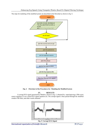 Enhancing Ecg Signals Using Triangular Window Based Fir Digital Filtering Technique
International organization of Scientific Research 35 | P a g e
The steps for modeling of the modified system are described in the flowchart as shown in fig. 4.
Fig. 4 Flowchart of the Procedures for Modeling the Modified System
IV. RESULTS
A corrupt ECG signal generated by Matlab is shown in fig. 5, obtained by superimposing a 50hz noise
source equation (7) on a clean ECG signal equation (6). The corrupt signal is then passed through the modified
window FIR filter, and other results obtained.
Fig. 5 Corrupt ECG Signal
plot the phase
response
Plot the filtered ECG signal
plot the freq response after
filtration
fs=1000;f1=45;f2=55w1=2
*f1/fs;w2=2*f2/fsL=100;w
n=[w1
w2}x1=0.1*sin(2*pi*50*
k-1)/fs); x=3.5*ecg(3000)
are all input
arguments set?
start
No
yesplot the normal and corrupt
ECG
plot the pole/zeros
plot the magnitude response
plot the freq response before
filtration
end
 