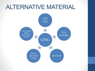 ALTERNATIVE MATERIAL
GFRG
NO
Co2
Eco
friendly
Re-Used
Saves
sand and
water
Low energy
based
production
process
 