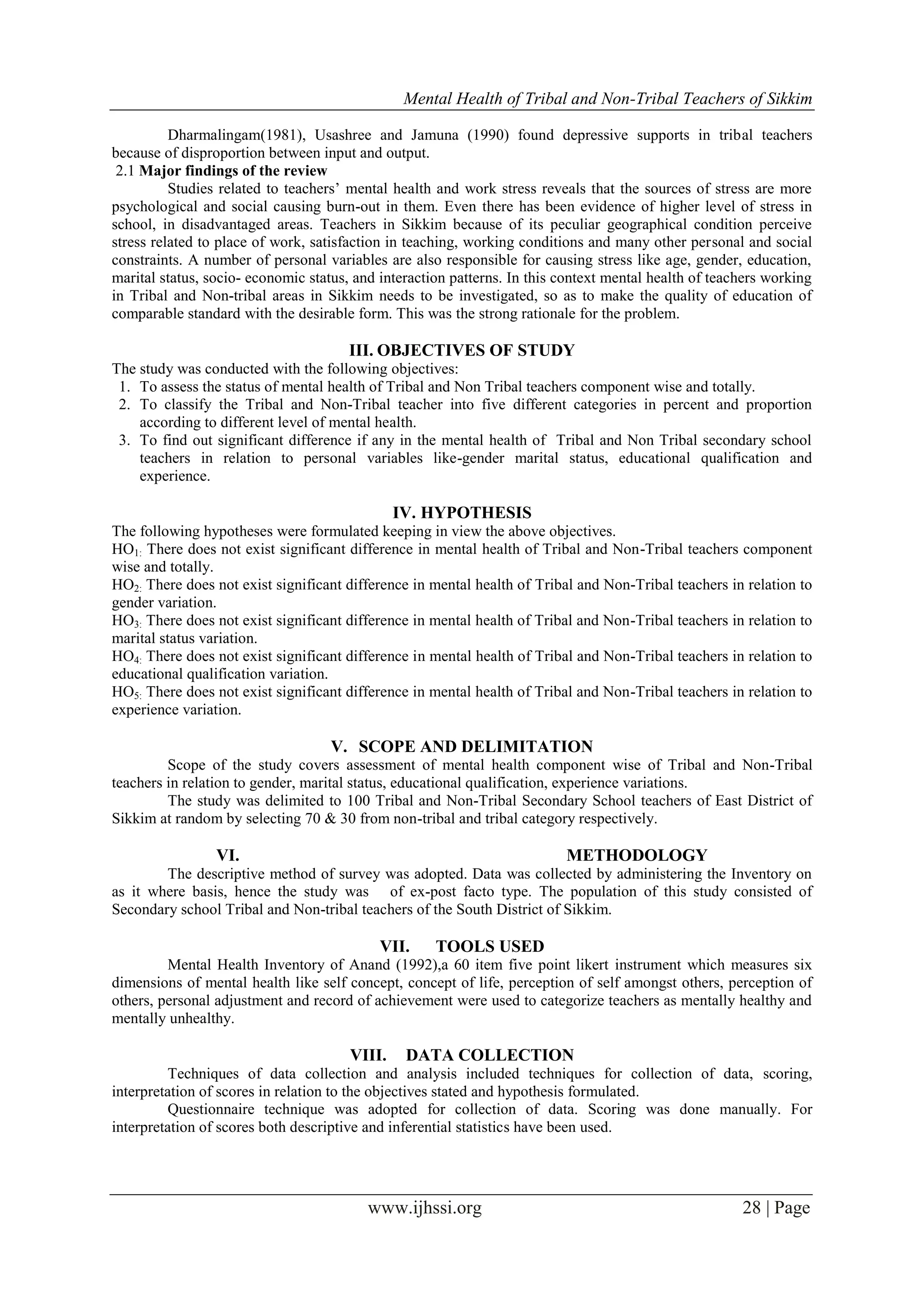 Mental Health of Tribal and Non-Tribal Teachers of Sikkim | PDF