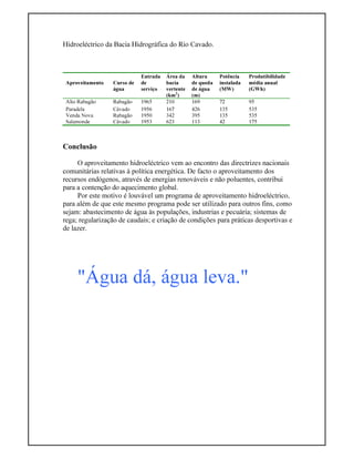 Hidroeléctrico da Bacia Hidrográfica do Rio Cavado.
Conclusão
O aproveitamento hidroeléctrico vem ao encontro das directrizes nacionais
comunitárias relativas à política energética. De facto o aproveitamento dos
recursos endógenos, através de energias renováveis e não poluentes, contribui
para a contenção do aquecimento global.
Por este motivo é louvável um programa de aproveitamento hidroeléctrico,
para além de que este mesmo programa pode ser utilizado para outros fins, como
sejam: abastecimento de água às populações, industrias e pecuária; sistemas de
rega; regularização de caudais; e criação de condições para práticas desportivas e
de lazer.
"Água dá, água leva."
Aproveitamento Curso de
água
Entrada
de
serviço
Área da
bacia
vertente
(km2
)
Altura
de queda
de água
(m)
Potência
instalada
(MW)
Produtibilidade
média anual
(GWh)
Alto Rabagão Rabagão 1965 210 169 72 95
Paradela Cávado 1956 167 426 135 535
Venda Nova Rabagão 1950 342 395 135 535
Salamonde Cávado 1953 623 113 42 175
 