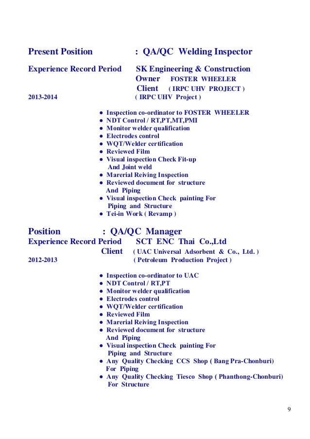 piping welding inspector resume welding inspector resume