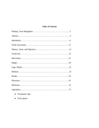 Table of Contents
Planning Team Biographies……………………………………………....…3
Abstract….…………………………………………………………………..5
Introduction…….…………………………………………………………....6
Needs Assessment………………………………………………………….11
Mission, Goals, and Objectives.……………………………………………15
Framework…………………………………………………………………16
Intervention………………………………………………………………...18
Budget……….……………………………………………………………..20
Logic Model………………………………………………………………..22
Methods……………...……….…………………………………………….23
Results……………………………………………………………………...24
Discussion………………………………………………………………….28
References………………………………………………………………….32
Appendices………………………………………………………………....37
● Promotional flyer
● Event photos
 