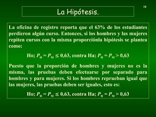 La Hipótesis.
18
La oficina de registro reporta que el 63% de los estudiantes
perdieron algún curso. Entonces, si los hombres y las mujeres
repiten cursos con la misma proporciónla hipótesis se plantea
como:
Ho; PH = PM  0,63, contra Ha; PH = PM > 0,63
Puesto que la proporción de hombres y mujeres no es la
misma, las pruebas deben efectuarse por separado para
hombres y para mujeres. Si los hombres reprueban igual que
las mujeres, las pruebas deben ser iguales, esto es:
Ho; PH = PM  0,63, contra Ha; PH = PM > 0,63
 