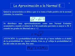 La Aproximación a la Normal E.
5
Quizá la característica se deba a que sí se toma el lado positivo de la normal
estándar, la ecuación:
Se distribuye muy aproximadamente como una Normal Estándar
acumulativa cuando el número de Chi-cuadradas parciales es mayor a 30. Y
cuando los grados de libertad son  = 2
1
2

 

2


z
ATENCIÓN: La probabilidad desde el valor de 2
hasta infinito es el doble
de la probabilidad de z hasta infinito. Esto es, 2
refleja la probabilidad de
las dos colas en una sola. Por esto:
)
(
2
)
( 2
z
P
P 

 
