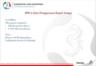 IPKA (Izin Penggunaan Kapal Asing)
A.2 IPKA
Document required :
- All Document Above
- I NSA Recomedation
Note :
Process 30 Working Days
Validatiob based on Schedule
 