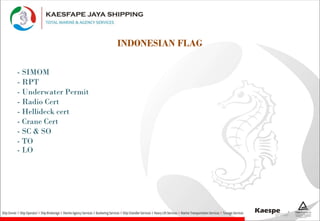 INDONESIAN FLAG
- SIMOM
- RPT
- Underwater Permit
- Radio Cert
- Hellideck cert
- Crane Cert
- SC & SO
- TO
- LO
 