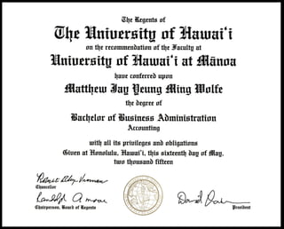 Matthew Wolfe UH Manoa Diploma