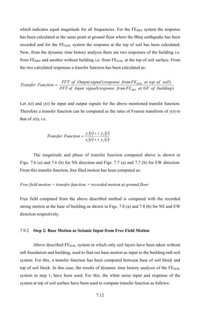 7.12
which indicates equal magnitude for all frequencies. For the FEBRS system the response
has been calculated at the same point at ground floor where the Bhuj earthquake has been
recorded and for the FESOIL system the response at the top of soil has been calculated.
Now, from the dynamic time history analysis there are two responses of the building i.e.
from FEBRS and another without building i.e. from FESOIL at the top of soil surface. From
the two calculated responses a transfer function has been calculated as:
)(
)(
buildingofGFatFEfromresponsesignalInputofFFT
soiloftopatFEfromresponsesignalOutputofFFT
FunctionTransfer
BRS
SOIL
=
Let x(t) and y(t) be input and output signals for the above mentioned transfer function.
Therefore a transfer function can be computed as the ratio of Fourier transform of y(t) to
that of x(t), i.e.
( ) ( )
( ) ( )tyitx
tyity
FunctionTransfer
21
21
+
+
=
The magnitude and phase of transfer function computed above is shown in
Figs. 7.6 (a) and 7.6 (b) for NS direction and Figs. 7.7 (a) and 7.7 (b) for EW direction.
From this transfer function, free filed motion has been computed as:
Free field motion = transfer function × recorded motion at ground floor
Free field computed from the above described method is compared with the recorded
strong motion at the base of building as shown in Figs. 7.8 (a) and 7.8 (b) for NS and EW
direction respectively.
7.9.2 Step 2: Base Motion as Seismic Input from Free Field Motion
Above described FESOIL system in which only soil layers have been taken without
raft foundation and building, used to find out base motion as input to the building-raft-soil
system. For this, a transfer function has been computed between base of soil block and
top of soil block. In this case, the results of dynamic time history analysis of the FESOIL
system in step 1, have been used. For this, the white noise input and response of the
system at top of soil surface have been used to compute transfer function as follows:
 