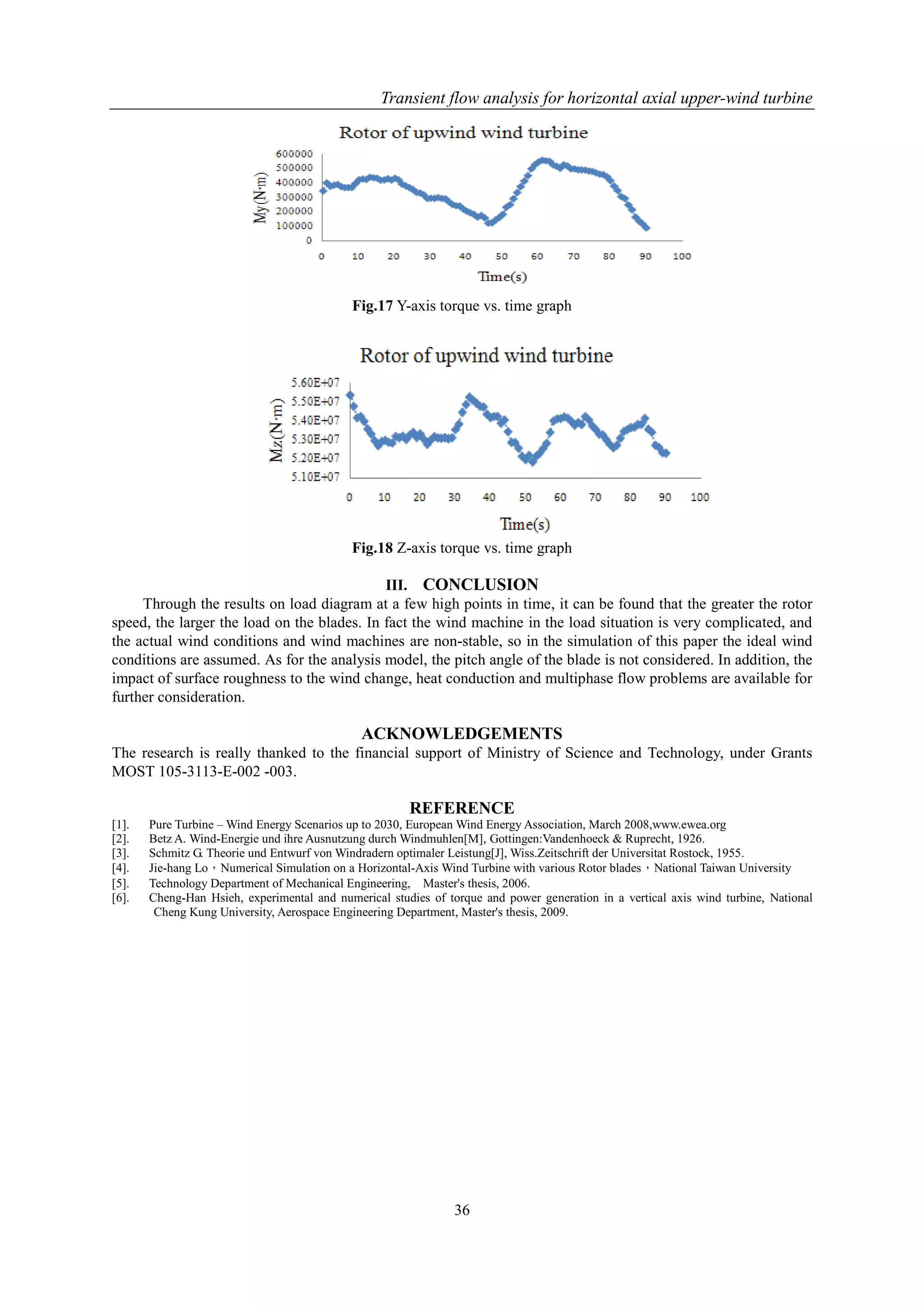 Transient flow analysis for horizontal axial upper-wind turbine
36
Fig.17 Y-axis torque vs. time graph
Fig.18 Z-axis torque vs. time graph
III. CONCLUSION
Through the results on load diagram at a few high points in time, it can be found that the greater the rotor
speed, the larger the load on the blades. In fact the wind machine in the load situation is very complicated, and
the actual wind conditions and wind machines are non-stable, so in the simulation of this paper the ideal wind
conditions are assumed. As for the analysis model, the pitch angle of the blade is not considered. In addition, the
impact of surface roughness to the wind change, heat conduction and multiphase flow problems are available for
further consideration.
ACKNOWLEDGEMENTS
The research is really thanked to the financial support of Ministry of Science and Technology, under Grants
MOST 105-3113-E-002 -003.
REFERENCE
[1]. Pure Turbine – Wind Energy Scenarios up to 2030, European Wind Energy Association, March 2008,www.ewea.org
[2]. Betz A. Wind-Energie und ihre Ausnutzung durch Windmuhlen[M], Gottingen:Vandenhoeck & Ruprecht, 1926.
[3]. Schmitz G. Theorie und Entwurf von Windradern optimaler Leistung[J], Wiss.Zeitschrift der Universitat Rostock, 1955.
[4]. Jie-hang Lo，Numerical Simulation on a Horizontal-Axis Wind Turbine with various Rotor blades，National Taiwan University
[5]. Technology Department of Mechanical Engineering, Master's thesis, 2006.
[6]. Cheng-Han Hsieh, experimental and numerical studies of torque and power generation in a vertical axis wind turbine, National
Cheng Kung University, Aerospace Engineering Department, Master's thesis, 2009.
 