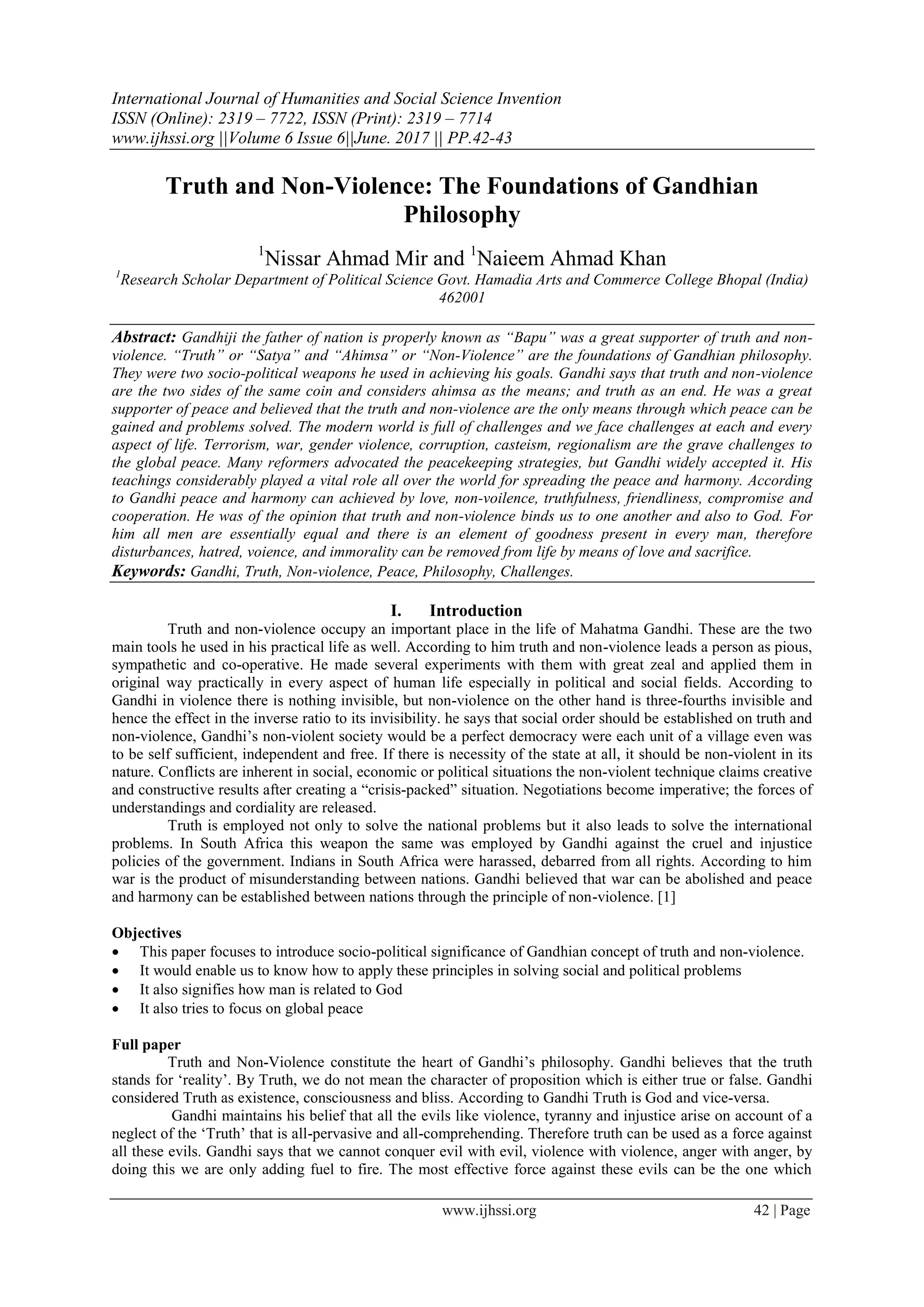 Truth and Non-Violence: The Foundations of Gandhian Philosophy | PDF