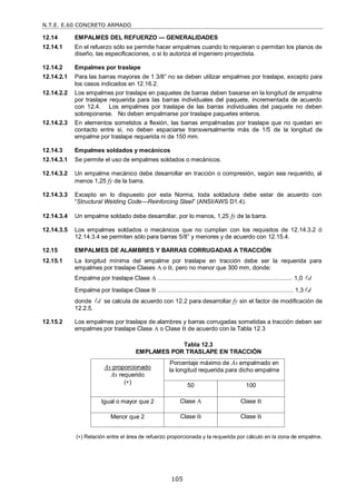 N.T.E. E.60 CONCRETO ARMADO
105
12.14 EMPALMES DEL REFUERZO — GENERALIDADES
12.14.1 En el refuerzo sólo se permite hacer empalmes cuando lo requieran o permitan los planos de
diseño, las especificaciones, o si lo autoriza el ingeniero proyectista.
12.14.2 Empalmes por traslape
12.14.2.1 Para las barras mayores de 1 3/8‖ no se deben utilizar empalmes por traslape, excepto para
los casos indicados en 12.16.2.
12.14.2.2 Los empalmes por traslape en paquetes de barras deben basarse en la longitud de empalme
por traslape requerida para las barras individuales del paquete, incrementada de acuerdo
con 12.4. Los empalmes por traslape de las barras individuales del paquete no deben
sobreponerse. No deben empalmarse por traslape paquetes enteros.
12.14.2.3 En elementos sometidos a flexión, las barras empalmadas por traslape que no quedan en
contacto entre si, no deben espaciarse transversalmente más de 1/5 de la longitud de
empalme por traslape requerida ni de 150 mm.
12.14.3 Empalmes soldados y mecánicos
12.14.3.1 Se permite el uso de empalmes soldados o mecánicos.
12.14.3.2 Un empalme mecánico debe desarrollar en tracción o compresión, según sea requerido, al
menos 1,25 fy de la barra.
12.14.3.3 Excepto en lo dispuesto por esta Norma, toda soldadura debe estar de acuerdo con
―Structural Welding Code—Reinforcing Steel‖ (ANSI/AWS D1.4).
12.14.3.4 Un empalme soldado debe desarrollar, por lo menos, 1,25 fy de la barra.
12.14.3.5 Los empalmes soldados o mecánicos que no cumplan con los requisitos de 12.14.3.2 ó
12.14.3.4 se permiten sólo para barras 5/8‖ y menores y de acuerdo con 12.15.4.
12.15 EMPALMES DE ALAMBRES Y BARRAS CORRUGADAS A TRACCIÓN
12.15.1 La longitud mínima del empalme por traslape en tracción debe ser la requerida para
empalmes por traslape Clases A o B, pero no menor que 300 mm, donde:
Empalme por traslape Clase A ................................................................................. 1,0 d

Empalme por traslape Clase B .................................................................................. 1,3 d

donde d
 se calcula de acuerdo con 12.2 para desarrollar fy sin el factor de modificación de
12.2.5.
12.15.2 Los empalmes por traslape de alambres y barras corrugadas sometidas a tracción deben ser
empalmes por traslape Clase A o Clase B de acuerdo con la Tabla 12.3
Tabla 12.3
EMPLAMES POR TRASLAPE EN TRACCIÓN
() Relación entre el área de refuerzo proporcionada y la requerida por cálculo en la zona de empalme.
As proporcionado
As requerido
()
Porcentaje máximo de As empalmado en
la longitud requerida para dicho empalme
50 100
Igual o mayor que 2 Clase A Clase B
Menor que 2 Clase B Clase B
 