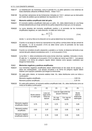N.T.E. E.60 CONCRETO ARMADO
113
13.6.1.7 La redistribución de momentos, como lo permite 8.4, no debe aplicarse a los sistemas de
losas diseñadas utilizando el Método Directo. Véase 13.6.7.
13.6.1.8 Se permiten variaciones de las limitaciones indicadas en 13.6.1, siempre que se demuestre
por medio de análisis que se satisfacen los requisitos de 13.5.1.
13.6.2 Momento estático amplificado total del paño
13.6.2.1 El momento estático amplificado total para un paño, Mo, debe determinarse en una franja
limitada lateralmente por el eje central de los paños adyacentes al eje que une los apoyos.
13.6.2.2 La suma absoluta del momento amplificado positivo y el promedio de los momentos
amplificados negativos, en cada dirección, no debe ser menor que:
2
2
8
qu n
Mo 
 
(13-4)
donde n
 es la luz libre en la dirección en la cual se determinan los momentos.
13.6.2.3 Cuando no se tenga la misma luz transversal en los paños a ambos lados del eje central de
los apoyos, 2
 en la ecuación (13-4) se debe tomar como el promedio de las luces
transversales adyacentes.
13.6.2.4 Cuando se considere el paño adyacente y paralelo a un borde, la distancia del borde al eje
central del paño deberá considerarse como 2
 en la ecuación (13-4).
13.6.2.5 La luz libre n
 debe considerarse entre caras de las columnas, capiteles, ménsulas o muros.
El valor de n
 empleado en la ecuación (13-4) no debe ser menor que 0,65 1
 . Los apoyos
circulares o en forma de polígono regular deben tratarse como apoyos cuadrados que
tengan la misma área.
13.6.3 Momentos negativos y positivos amplificados
13.6.3.1 Los momentos negativos amplificados deben determinarse en las caras de los apoyos, si
estos son rectangulares. Los apoyos circulares o en forma de polígono regular deben
tratarse como apoyos cuadrados que tengan la misma área.
13.6.3.2 En cada paño interior, el momento estático total, Mo, debe distribuirse como se indica a
continuación:
Momento negativo amplificado………..……............................................................0,65 Mo
Momento positivo amplificado.................................................................................0,35 Mo
13.6.3.3 En cada paño extremo, el momento estático amplificado total, Mo, debe distribuirse como se
indica en la tabla a continuación:
(1) (2) (3) (4) (5)
Borde exterior
no restringido
Losa con
vigas entre
todos los
apoyos
Losa sin vigas entre los
apoyos interiores Borde
exterior
totalmente
restringido
Sin viga
de borde
Con viga de
borde
Momento negativo
amplificado interior
0,75 0,70 0,70 0,70 0,65
Momento positivo
amplificado
0,63 0,57 0,52 0,50 0,35
Momento negativo
amplificado exterior
0 0,16 0,26 0,30 0,65
 