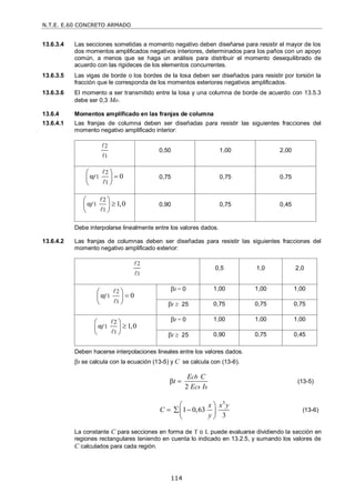 N.T.E. E.60 CONCRETO ARMADO
114
13.6.3.4 Las secciones sometidas a momento negativo deben diseñarse para resistir el mayor de los
dos momentos amplificados negativos interiores, determinados para los paños con un apoyo
común, a menos que se haga un análisis para distribuir el momento desequilibrado de
acuerdo con las rigideces de los elementos concurrentes.
13.6.3.5 Las vigas de borde o los bordes de la losa deben ser diseñados para resistir por torsión la
fracción que le corresponda de los momentos exteriores negativos amplificados.
13.6.3.6 El momento a ser transmitido entre la losa y una columna de borde de acuerdo con 13.5.3
debe ser 0,3 Mo.
13.6.4 Momentos amplificado en las franjas de columna
13.6.4.1 Las franjas de columna deben ser diseñadas para resistir las siguientes fracciones del
momento negativo amplificado interior:
2
1


0,50 1,00 2,00
2
1
1
α 0
f
 

 
 


0,75 0,75 0,75
2
1
1
α 1,0
f
 

 
 


0,90 0,75 0,45
Debe interpolarse linealmente entre los valores dados.
13.6.4.2 Las franjas de columnas deben ser diseñadas para resistir las siguientes fracciones del
momento negativo amplificado exterior:
2
1


0,5 1,0 2,0
2
1
1
α 0
f
 

 
 


t = 0 1,00 1,00 1,00
t  25 0,75 0,75 0,75
2
1
1
α 1,0
f
 

 
 


t = 0 1,00 1,00 1,00
t  25 0,90 0,75 0,45
Deben hacerse interpolaciones lineales entre los valores dados.
t se calcula con la ecuación (13-5) y C se calcula con (13-6).
β
2
cb
cs s
E C
t
E I
 (13-5)
3
1 0,63
3
x x y
C
y
 
  
 
 
(13-6)
La constante C para secciones en forma de T o L puede evaluarse dividiendo la sección en
regiones rectangulares teniendo en cuenta lo indicado en 13.2.5, y sumando los valores de
C calculados para cada región.
 