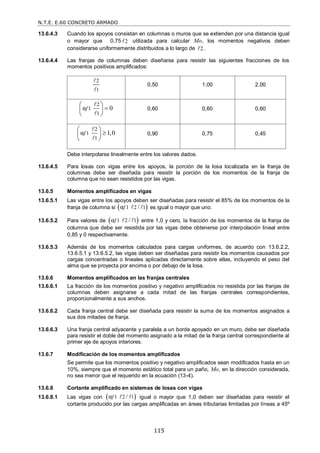 N.T.E. E.60 CONCRETO ARMADO
115
13.6.4.3 Cuando los apoyos consistan en columnas o muros que se extienden por una distancia igual
o mayor que 0,75 2
 utilizada para calcular Mo, los momentos negativos deben
considerarse uniformemente distribuidos a lo largo de 2
 .
13.6.4.4 Las franjas de columnas deben diseñarse para resistir las siguientes fracciones de los
momentos positivos amplificados:
2
1


0,50 1,00 2,00
2
1
1
α 0
f
 

 
 


0,60 0,60 0,60
2
1
1
α 1,0
f
 

 
 


0,90 0,75 0,45
Debe interpolarse linealmente entre los valores dados.
13.6.4.5 Para losas con vigas entre los apoyos, la porción de la losa localizada en la franja de
columnas debe ser diseñada para resistir la porción de los momentos de la franja de
columna que no sean resistidos por las vigas.
13.6.5 Momentos amplificados en vigas
13.6.5.1 Las vigas entre los apoyos deben ser diseñadas para resistir el 85% de los momentos de la
franja de columna si  
1 2 1
α /
f   es igual o mayor que uno.
13.6.5.2 Para valores de  
1 2 1
α /
f   entre 1,0 y cero, la fracción de los momentos de la franja de
columna que debe ser resistida por las vigas debe obtenerse por interpolación lineal entre
0,85 y 0 respectivamente.
13.6.5.3 Además de los momentos calculados para cargas uniformes, de acuerdo con 13.6.2.2,
13.6.5.1 y 13.6.5.2, las vigas deben ser diseñadas para resistir los momentos causados por
cargas concentradas o lineales aplicadas directamente sobre ellas, incluyendo el peso del
alma que se proyecta por encima o por debajo de la losa.
13.6.6 Momentos amplificados en las franjas centrales
13.6.6.1 La fracción de los momentos positivo y negativo amplificados no resistida por las franjas de
columnas deben asignarse a cada mitad de las franjas centrales correspondientes,
proporcionalmente a sus anchos.
13.6.6.2 Cada franja central debe ser diseñada para resistir la suma de los momentos asignados a
sus dos mitades de franja.
13.6.6.3 Una franja central adyacente y paralela a un borde apoyado en un muro, debe ser diseñada
para resistir el doble del momento asignado a la mitad de la franja central correspondiente al
primer eje de apoyos interiores.
13.6.7 Modificación de los momentos amplificados
Se permite que los momentos positivo y negativo amplificados sean modificados hasta en un
10%, siempre que el momento estático total para un paño, Mo, en la dirección considerada,
no sea menor que el requerido en la ecuación (13-4).
13.6.8 Cortante amplificado en sistemas de losas con vigas
13.6.8.1 Las vigas con  
1 2 1
α /
f   igual o mayor que 1,0 deben ser diseñadas para resistir el
cortante producido por las cargas amplificadas en áreas tributarias limitadas por líneas a 45º
 
