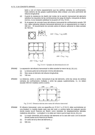 N.T.E. E.60 CONCRETO ARMADO
163
barra y con el mismo espaciamiento que los estribos cerrados de confinamiento.
Cada extremo de las grapas suplementarias debe enlazar una barra perimetral del
refuerzo longitudinal.
(d) Cuando la resistencia de diseño del núcleo de la sección transversal del elemento
satisface los requisitos de las combinaciones de carga de diseño, incluyendo el efecto
sísmico, no es necesario satisfacer la ecuación (21-3) y 10.9.3.
(e) Si el espesor de concreto fuera del refuerzo transversal de confinamiento excede 100
mm, debe colocarse refuerzo transversal adicional con un espaciamiento no mayor a
300 mm. El recubrimiento de concreto sobre el refuerzo adicional no debe exceder
de 100 mm.
Fig. 21.6.4.1 Ejemplos de determinación de Ash
21.6.4.2 La separación del refuerzo transversal no debe exceder la menor de (a), (b) y (c).
(a) La tercera parte de la dimensión mínima del elemento,
(b) Seis veces el diámetro del refuerzo longitudinal,
(c) 100 mm.
21.6.4.3 La distancia, centro a centro, transversal al eje del elemento, entre las ramas de estribos
cerrados de confinamiento múltiples o entre las grapas suplementarias, hx, no deben
exceder 350 mm medidos centro a centro.
Fig. 21.6.4.3 Distancia máxima entre ramas del refuerzo transversal
21.6.4.4 El refuerzo transversal, como se especifica en 21.6.4.1 a 21.6.4.3, debe suministrarse en
una longitud Lo medida desde cada cara del nudo y a ambos lados de cualquier sección
donde pueda ocurrir fluencia por flexión como resultado de desplazamientos laterales
inelásticos del pórtico. La longitud Lo no debe ser menor que la mayor de (a), (b) y (c).
(a) La mayor dimensión de la sección del elemento en la cara del nudo o en la sección
donde puede ocurrir fluencia por flexión,
(b) Un sexto de la luz libre del elemento, y
(c) 500 mm.
Ash = 2 (as1 + as2 cos)
Ash = 2 as1 + as2
Ash = 2 (as1 + as3)
 