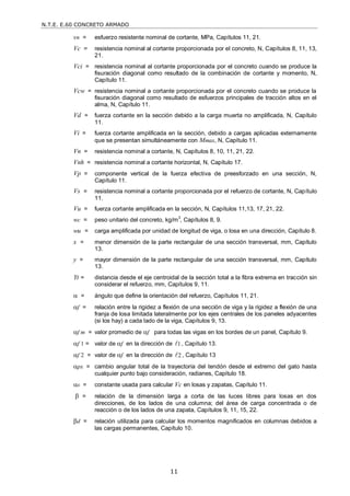 N.T.E. E.60 CONCRETO ARMADO
11
vn = esfuerzo resistente nominal de cortante, MPa, Capítulos 11, 21.
Vc = resistencia nominal al cortante proporcionada por el concreto, N, Capítulos 8, 11, 13,
21.
Vci = resistencia nominal al cortante proporcionada por el concreto cuando se produce la
fisuración diagonal como resultado de la combinación de cortante y momento, N,
Capítulo 11.
Vcw = resistencia nominal a cortante proporcionada por el concreto cuando se produce la
fisuración diagonal como resultado de esfuerzos principales de tracción altos en el
alma, N, Capítulo 11.
Vd = fuerza cortante en la sección debido a la carga muerta no amplificada, N, Capítulo
11.
Vi = fuerza cortante amplificada en la sección, debido a cargas aplicadas externamente
que se presentan simultáneamente con Mmax, N, Capítulo 11.
Vn = resistencia nominal a cortante, N, Capítulos 8, 10, 11, 21, 22.
Vnh = resistencia nominal a cortante horizontal, N, Capítulo 17.
Vp = componente vertical de la fuerza efectiva de preesforzado en una sección, N,
Capítulo 11.
Vs = resistencia nominal a cortante proporcionada por el refuerzo de cortante, N, Capítulo
11.
Vu = fuerza cortante amplificada en la sección, N, Capítulos 11,13, 17, 21, 22.
wc = peso unitario del concreto, kg/m3
, Capítulos 8, 9.
wu = carga amplificada por unidad de longitud de viga, o losa en una dirección, Capítulo 8.
x = menor dimensión de la parte rectangular de una sección transversal, mm, Capítulo
13.
y = mayor dimensión de la parte rectangular de una sección transversal, mm, Capítulo
13.
Yt = distancia desde el eje centroidal de la sección total a la fibra extrema en tracción sin
considerar el refuerzo, mm, Capítulos 9, 11.
 = ángulo que define la orientación del refuerzo, Capítulos 11, 21.
f = relación entre la rigidez a flexión de una sección de viga y la rigidez a flexión de una
franja de losa limitada lateralmente por los ejes centrales de los paneles adyacentes
(si los hay) a cada lado de la viga, Capítulos 9, 13.
f m = valor promedio de f para todas las vigas en los bordes de un panel, Capítulo 9.
f 1 = valor de f en la dirección de 1
 , Capítulo 13.
f 2 = valor de f en la dirección de 2
 , Capítulo 13
px = cambio angular total de la trayectoria del tendón desde el extremo del gato hasta
cualquier punto bajo consideración, radianes, Capítulo 18.
s = constante usada para calcular Vc en losas y zapatas, Capítulo 11.
 = relación de la dimensión larga a corta de las luces libres para losas en dos
direcciones, de los lados de una columna; del área de carga concentrada o de
reacción o de los lados de una zapata, Capítulos 9, 11, 15, 22.
d = relación utilizada para calcular los momentos magnificados en columnas debidos a
las cargas permanentes, Capítulo 10.
 