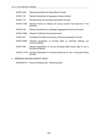 N.T.E. E.60 CONCRETO ARMADO
186
ASTM C 94M ―Standard Specification for Ready-Mixed Concrete‖
ASTM C 144 ―Standard Specification for Aggregate for Masonry Mortar‖
ASTM C 172 ―Standard Practice for Sampling Freshly Mixed Concrete‖
ASTM C 192M ―Standard Practice for Making and Curing Concrete Test Specimens in the
Laboratory‖
ASTM C 330 ―Standard Specification for Lightweight Aggregates for Structural Concrete‖
ASTM C 496M ―Strength of Cylindrical Concrete Specimens‖
ASTM C 567 ―Test Method for Determining Density of Structural Lightweight Concrete‖
ASTM C 685M ―Standard Specification of Concrete Made by Volumetric Batching and
Continuous Mixing‖
ASTM C 989 ―Standard Specification for Ground Granulated Blast-Furnace Slag for Use in
Concrete and Mortars‖
ASTM C 1017M ―Standard Specification for Chemical Admixtures for Use in Producing Flowing
Concrete‖
 AMERICAN WELDING SOCIETY (AWS)
ANSI/AWS D1.4 ―Structural Welding Code – Reinforcing Steel‖
 
