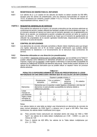 N.T.E. E.60 CONCRETO ARMADO
55
9.5 RESISTENCIA DE DISEÑO PARA EL REFUERZO
9.5.1 Los valores de fy y fyt usados en los cálculos de diseño no deben exceder de 550 MPa,
excepto para los aceros de preesforzado, para los refuerzos transversales en espiral en
10.9.3, el refuerzo por cortante y torsión (véase 11.5.2 y 11.6.3.4). Para los elementos con
responsabilidad sísmica, véase 21.3.3.
PARTE 2 - REQUISITOS GENERALES DE SERVICIO
Para estimar los esfuerzos en el acero y el concreto producidos por las acciones exteriores en
condiciones de servicio, pueden utilizarse las hipótesis usuales de la teoría elástica de vigas. Si
el momento actuante en servicio es menor que el momento asociado con el agrietamiento por
flexión de la sección, se considerará la sección completa del concreto sin tener en cuenta el
acero de refuerzo. Si el momento actuante es mayor que el momento de agrietamiento se
utilizarán las propiedades de la sección agrietada transformada, despreciando el aporte del
concreto en la zona de tracción.
9.6 CONTROL DE DEFLEXIONES
9.6.1 Los elementos de concreto reforzado sometidos a flexión deben diseñarse para que tengan
una rigidez adecuada con el fin de limitar cualquier deformación que pudiese afectar
adversamente la resistencia o el funcionamiento de la estructura bajo condiciones de
servicio.
9.6.2 Elementos reforzados en una dirección (no preesforzados)
9.6.2.1 Los peraltes o espesores mínimos para no verificar deflexiones, que se señalan en la Tabla 9.1
pueden utilizarse como referencia en elementos armados en una dirección (aligerados, losas
macizas y vigas) que no soporten o estén ligados a elementos no estructurales susceptibles de
dañarse por deflexiones excesivas del elemento estructural. Estos límites pueden obviarse si el
cálculo de las deflexiones demuestra que es posible utilizar un espesor menor sin provocar
efectos adversos.
TABLA 9.1
PERALTES O ESPESORES MÍNIMOS DE VIGAS NO PREESFORZADAS O LOSAS
REFORZADAS EN UNA DIRECCIÓN A MENOS QUE SE CALCULEN LAS DEFLEXIONES
Espesor o peralte mínimo, h
Simplemente
apoyados
Con un extremo
continuo
Ambos
extremos
continuos
En voladizo
Elementos
Elementos que no soporten o estén ligados a divisiones u otro tipo de
elementos no estructurales susceptibles de dañarse debido a
deflexiones grandes.
Losas
macizas en
una dirección 20

24

28

10

Vigas o losas
nervadas en
una dirección 16

5
,
18

21

8

Notas:
Los valores dados en esta tabla se deben usar directamente en elementos de concreto de
peso normal (alrededor de 2300 Kg/m3
) y refuerzo con fy igual a 420 MPa. Para otras
condiciones, los valores deben modificarse como sigue:
(a) Para concreto liviano estructural con densidad dentro del rango de 1450 a 1900
Kg/m3
, los valores de la tabla deben multiplicarse por (1,65 – 0,0003 wc), pero no
menos de 1,09
(b) Para fy distinto de 420 MPa, los valores de la Tabla deben multiplicarse por
(0,4 + fy / 700).
 