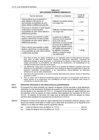 N.T.E. E.60 CONCRETO ARMADO
58
TABLA 9.2
DEFLEXIÓNES MÁXIMAS ADMISIBLES
Tipo de elemento Deflexión considerada
Límite de
deflexión
Techos planos que no soporten ni
estén ligados a elementos no
estructurales susceptibles de sufrir
daños debido a deflexiones grandes.
Deflexión inmediata debida
a la carga viva 180
/ *

Pisos que no soporten ni estén ligados
a elementos no estructurales
susceptibles de sufrir daños debido a
deflexiones grandes.
Deflexión inmediata debida
a la carga viva
360
/

Pisos o techos que soporten o estén
ligados a elementos no estructurales
susceptibles de sufrir daños debido a
deflexiones grandes.
La parte de la deflexión
total que ocurre después
de la unión de los
elementos no estructurales
(la suma de la deflexión a
largo plazo debida a todas
las cargas permanentes, y
la deflexión inmediata
debida a cualquier carga
viva adicional)†
480
/
 ‡
Pisos o techos que soporten o estén
ligados a elementos no estructurales
no susceptibles de sufrir daños debido
a deflexiones grandes.
240
/
 §
* Este límite no tiene por objeto constituirse en un resguardo contra el estancamiento de aguas.
Este último se debe verificar mediante cálculos de deflexiones adecuados, incluyendo las
deflexiones debidas al agua estancada, y considerando los efectos a largo plazo de todas las
cargas permanentes, la contraflecha, las tolerancias de construcción y la confiabilidad en las
medidas tomadas para el drenaje de las aguas.
† Las deflexiones a largo plazo se pueden reducir en la cantidad de deflexión calculada que ocurra
antes de unir los elementos no estructurales. Esta cantidad se determina basándose en datos de
ingeniería aceptables correspondiente a las características tiempo-deflexión de elementos
similares a los que se están considerando.
‡ Este límite se puede exceder si se toman medidas adecuadas para prevenir daños en elementos
apoyados o unidos.
§ Pero no mayor que la tolerancia establecida para los elementos no estructurales. Este límite se
puede exceder si se proporciona una contraflecha de modo que la deflexión total menos la
contraflecha no exceda dicho límite.
9.6.3 Elementos reforzados en dos direcciones (no preesforzados)
9.6.3.1 El numeral 9.6.3 tiene prioridad con relación al espesor mínimo de losas u otros elementos
reforzados en dos direcciones diseñados de acuerdo con las disposiciones del Capítulo 13 y
que se ajusten a los requisitos de 13.6.1.2. El espesor de las losas sin vigas interiores que
se extiendan entre los apoyos en todos sentidos debe satisfacer los requisitos de 9.6.3.2 ó
9.6.3.4. El espesor de las losas con vigas que se extiendan entre los apoyos en todos
sentidos debe satisfacer los requisitos de una de 9.6.3.3 ó 9.6.3.4.
9.6.3.2 El espesor mínimo de las losas sin vigas interiores que se extiendan entre los apoyos y que
tienen una relación entre lados no mayor que 2, debe estar de acuerdo con lo requerido en la
Tabla 9.3 y no debe ser inferior que los siguientes valores:
(a) Losas sin ábacos como se definen en 13.2.6............................................... 125 mm
(b) Losas con ábacos como se definen en 13.2.6.............................................. 100 mm
 
