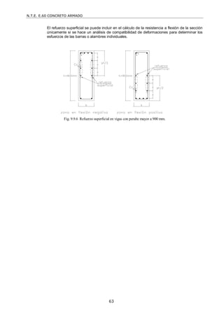 N.T.E. E.60 CONCRETO ARMADO
63
El refuerzo superficial se puede incluir en el cálculo de la resistencia a flexión de la sección
únicamente si se hace un análisis de compatibilidad de deformaciones para determinar los
esfuerzos de las barras o alambres individuales.
Fig. 9.9.6 Refuerzo superficial en vigas con peralte mayor a 900 mm.
 