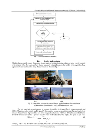 Optimal Repeated Frame Compensation Using Efficient Video Coding
www.iosrjournals.org 34 | Page
IV. Results And Analysis
`The key frames mainly reduce the amount of data required in video indexing and preserve the overall contents
of the original video. The number of key frames accurately extracted measure the validity of the algorithm. Four
segments of video are taken for doing the experiment as shown in fig. 5
(a) (b)
(c) (d)
Fig.5. Four video sequences with different typical motion characteristics.
(a)adac-crash(b) midnikon-D300,(c) cycorder-640,(d) svc1
The two important parameters used to measure the validity of the algorithm is compression ratio and
fidelity. The compression ratio is used to quantify the reduction in data representation size whereas; fidelity is to
measure the correlation degrees of the sets in the image classifications. Fidelity is defined as a standard Semi-
Hausdorff distance between the key frame and shot frame produced as described in [11]. It is given in eqn. 4 as:
Fidelity = 1 -
𝑑 𝑠ℎ
ji
dij )max(max
(4)
where dsh is the Semi-Hausdorff distance and dij denotes the dissimilarity of the shot.
 