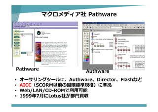 マクロメディア社 Pathware
• オーサリングツールに、Authware、Director、Flashなど
• AICC（SCORM以前の国際標準規格）に準拠
• Web/LAN/CD-ROMで利⽤可能
• 1999年7⽉にLotus社が部⾨買収
Pathware
Authware
 