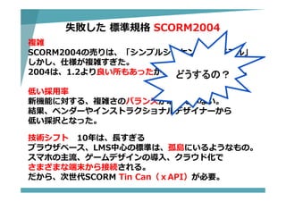 失敗した 標準規格 SCORM2004
複雑
SCORM2004の売りは、「シンプルシーケンシングモデル」
しかし、仕様が複雑すぎた。
2004は、1.2より良い所もあったが、影に隠れてしまった。
低い採⽤率
新機能に対する、複雑さのバランスが取れていない。
結果、ベンダーやインストラクショナルデザイナーから
低い採択となった。
技術シフト 10年は、⻑すぎる
ブラウザベース、LMS中⼼の標準は、孤島にいるようなもの。
スマホの主流、ゲームデザインの導⼊、クラウド化で
さまざまな端末から接続される。
だから、次世代SCORM Tin Can（ｘAPI）が必要。
どうするの？
 